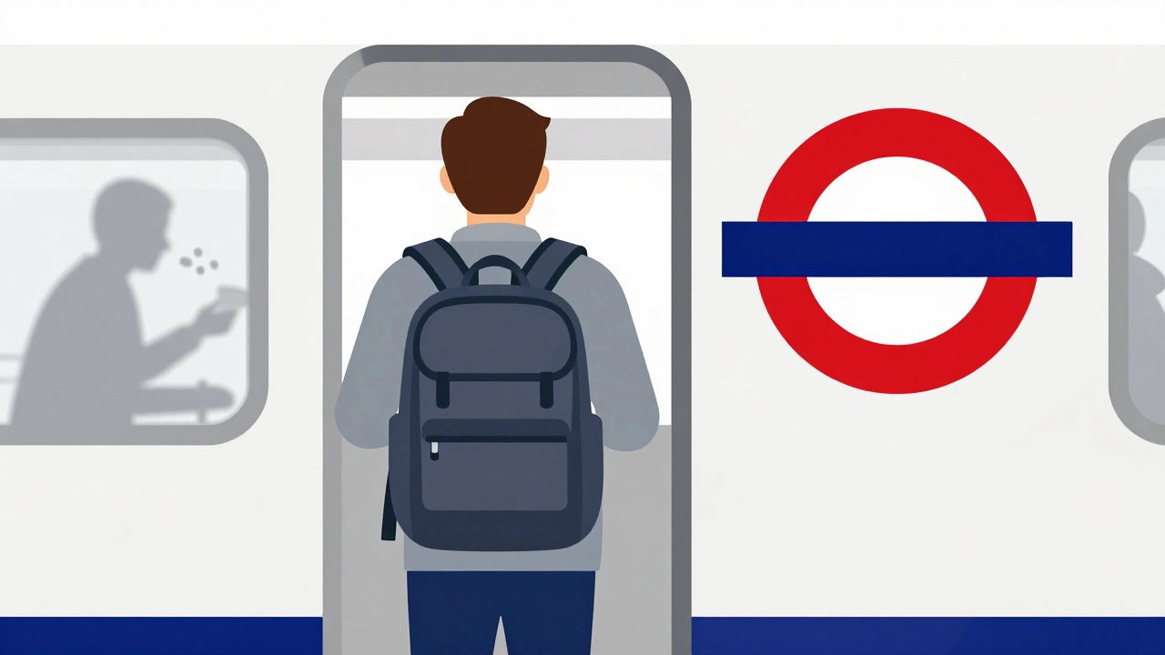 Stylized illustration of a commuter securing belongings on the London Underground