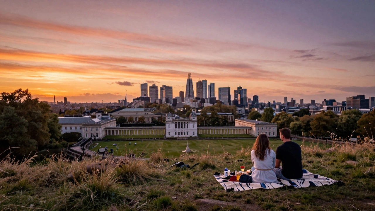 Sunset picnic view of London skyline from Greenwich Park