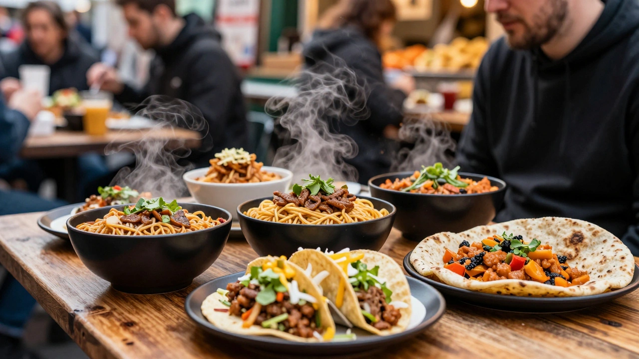 Variety of colorful street food dishes at Camden markets
