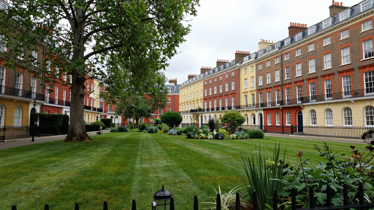 View of a green London square surrounded by uniform brick terraces