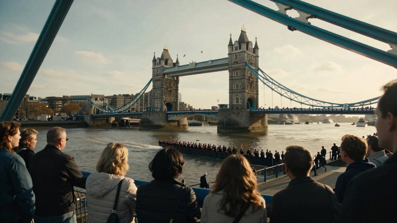 View of the parade crossing London Bridge with Tower Bridge
