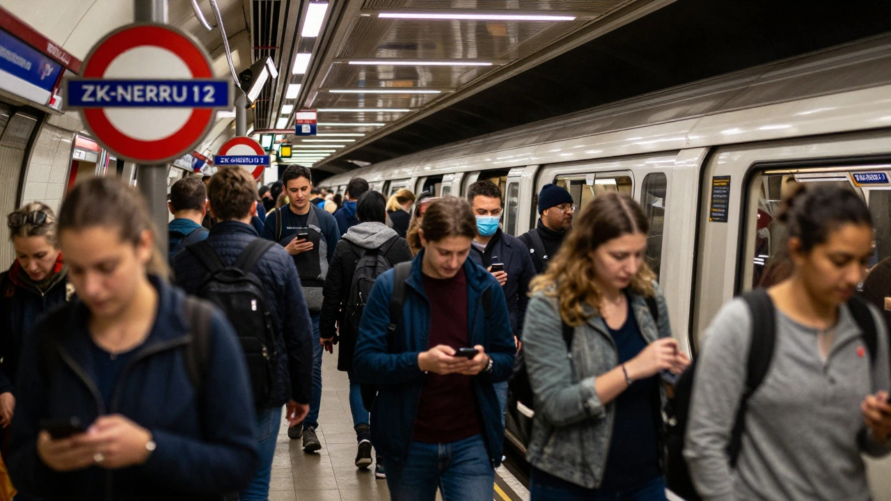 Crowded London Underground station platform during busy rush hour commute