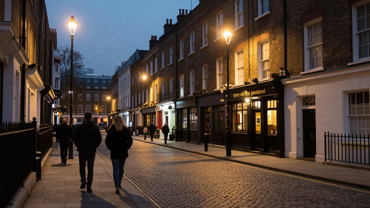 Well-lit London street at night with pedestrians and shops, conveying safety