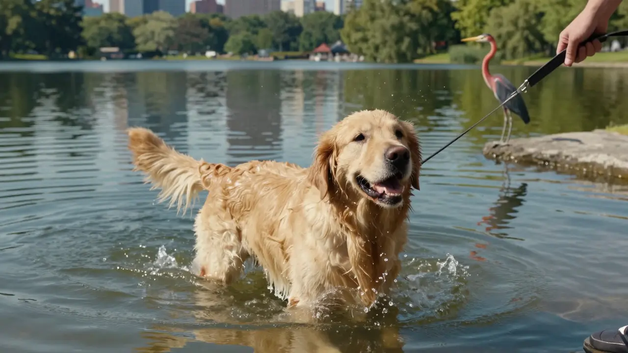 A Golden Retriever shaking off after swimming in the lake at Regent's Park