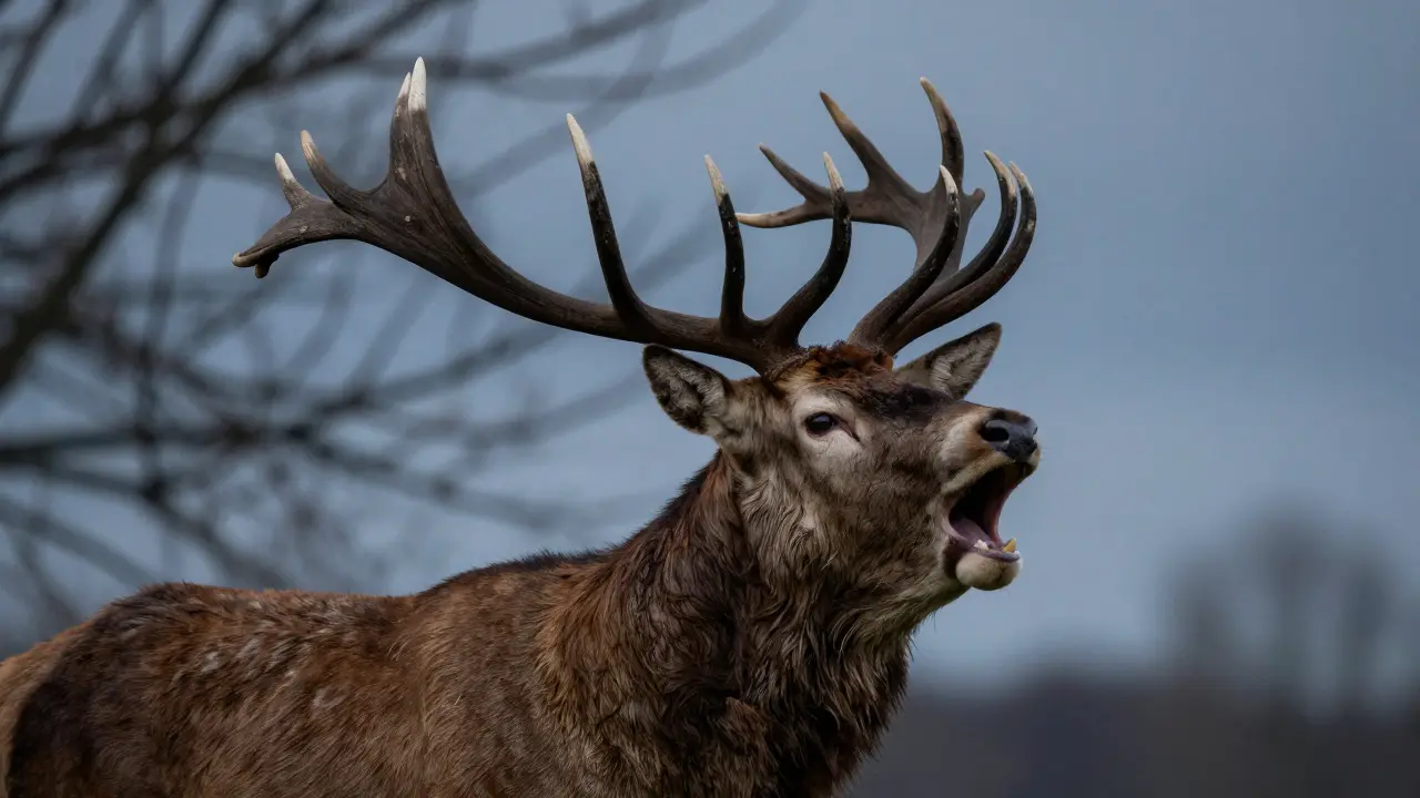 A majestic stag with velvet-covered antlers bellowing dramatically against a backdrop of winter trees.
