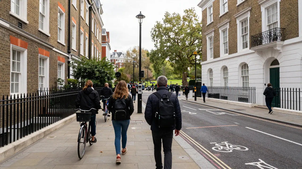A pedestrian walking through a London street towards Hyde Park on a sunny day