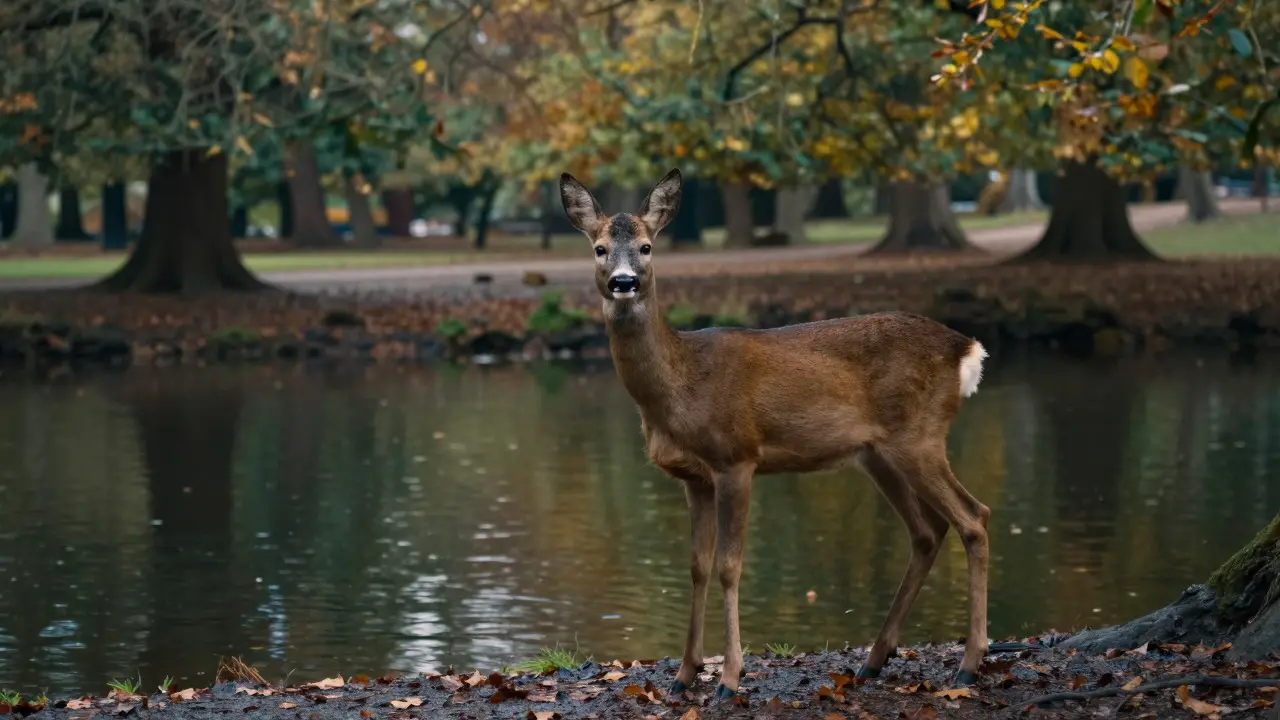 A single roe deer stands alert by the riverbank in the wooded surroundings of Bushy Park.