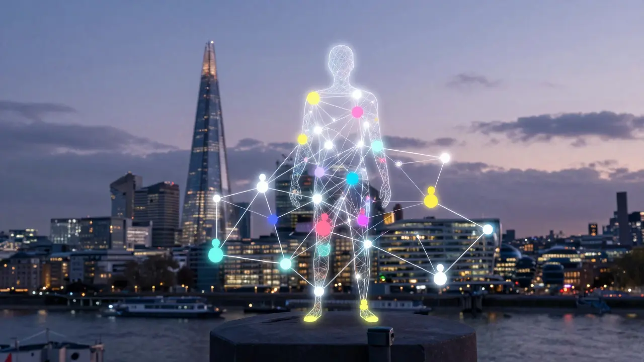 Abstract illustration of a community network over London skyline