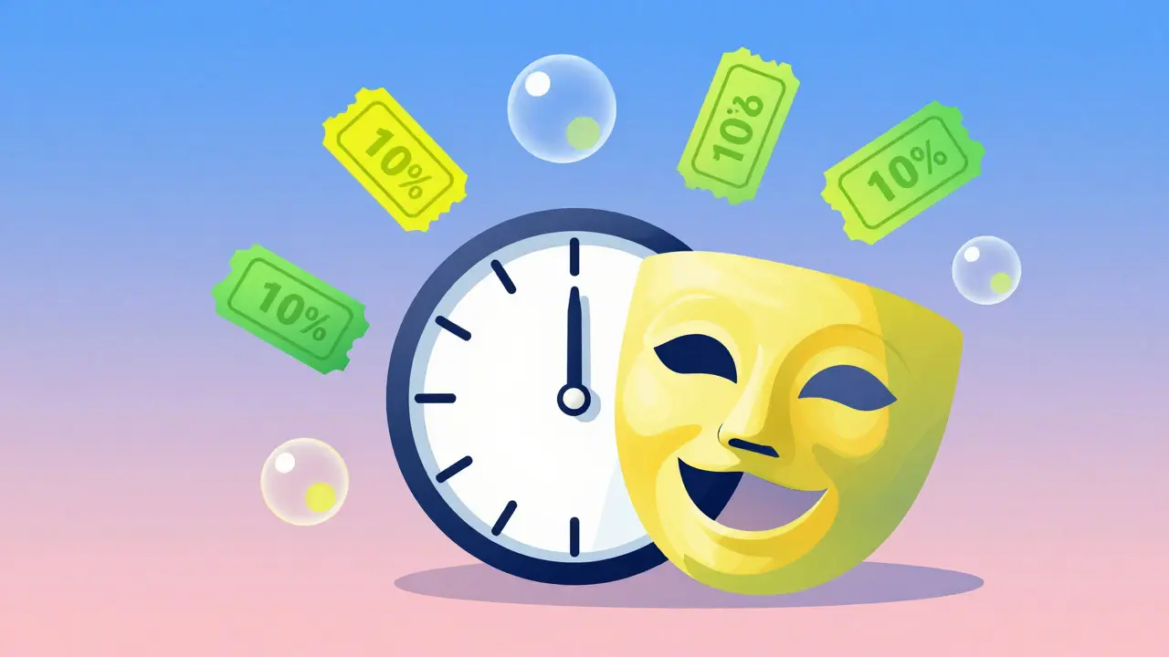 Abstract illustration of a theatre mask and clock representing last-minute deals