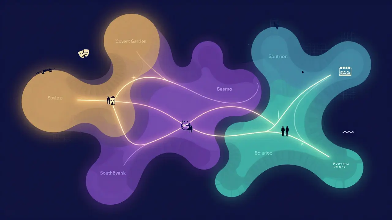 Abstract map illustrating connections between London theatre districts