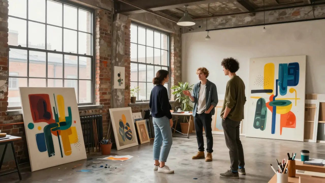 Artist interacting with a visitor in a bright, contemporary studio