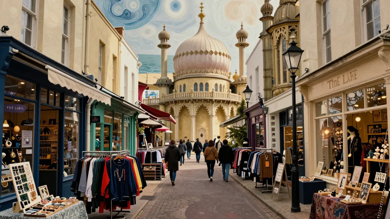 Artistic view of narrow shopping lanes and the Royal Pavilion in Brighton