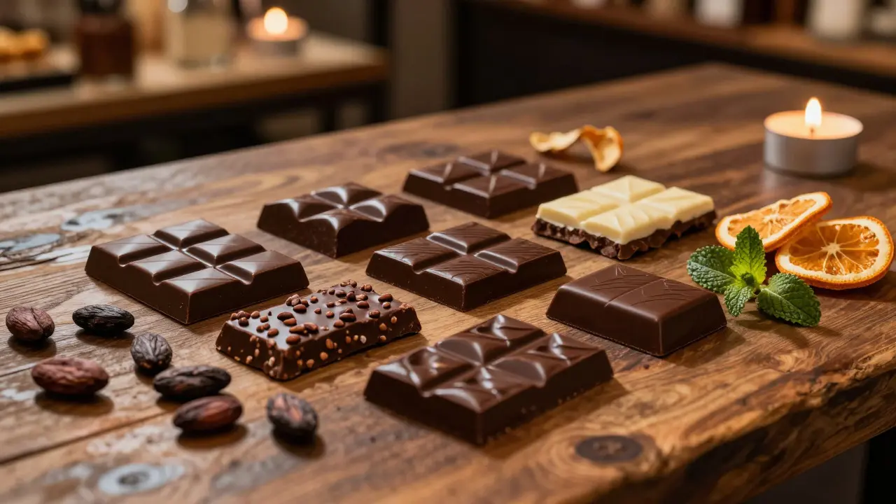 Assortment of artisan dark chocolate bars and cacao beans on a wooden table