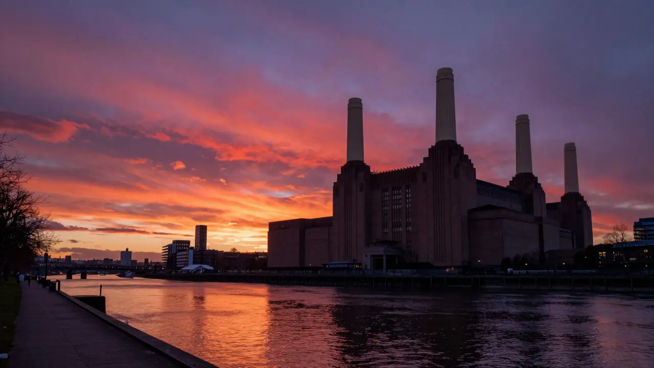 Battersea Power Station silhouetted against a colorful sunset over the Thames