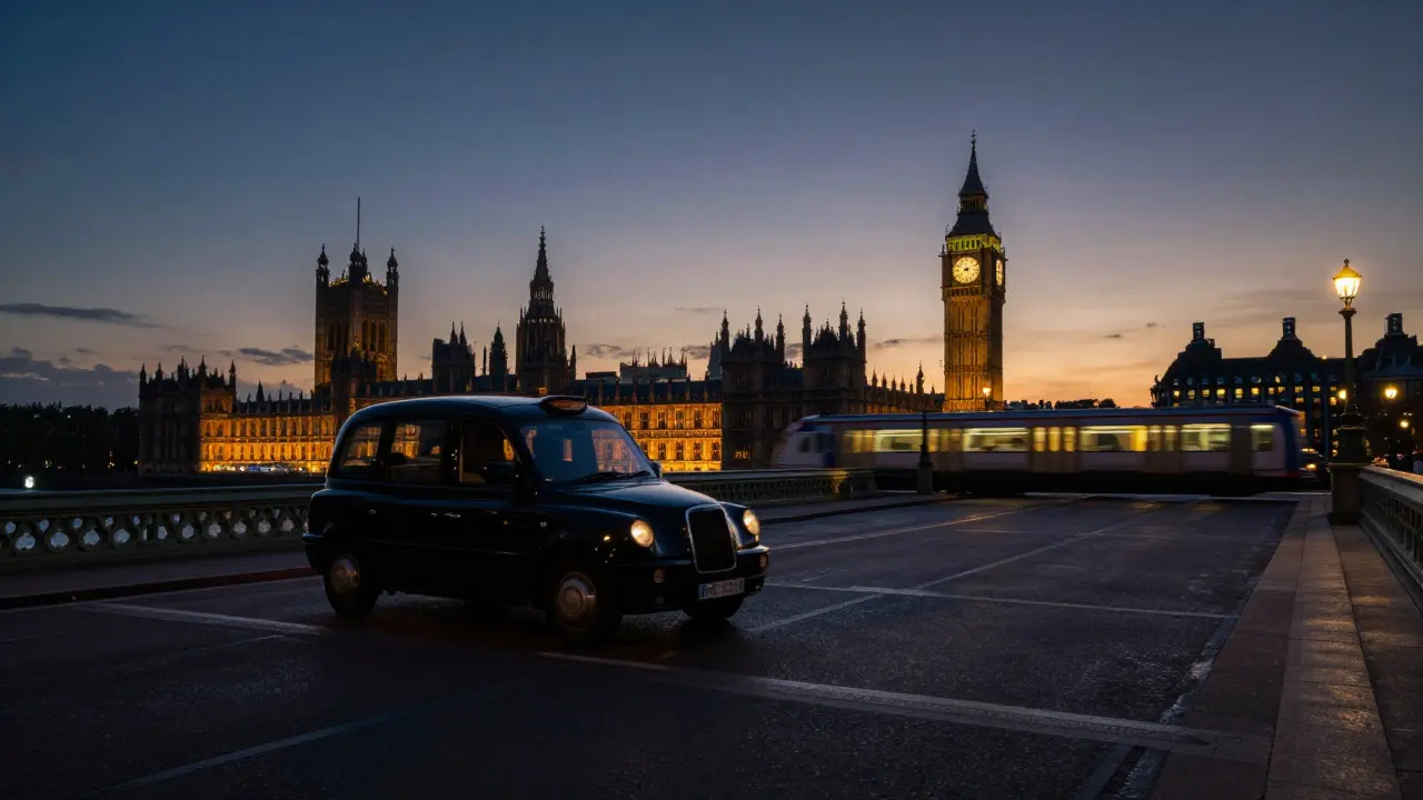 Black cab and train moving past illuminated Westminster at dusk