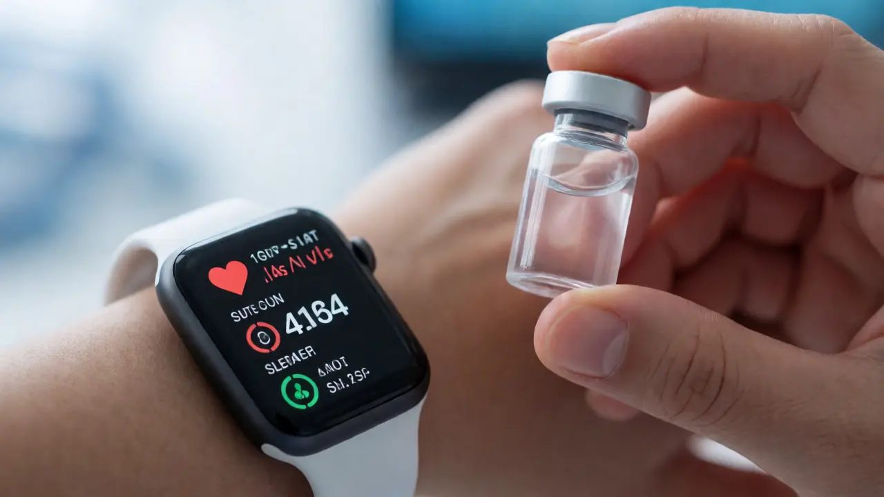 Blood test vial and smartwatch representing health data