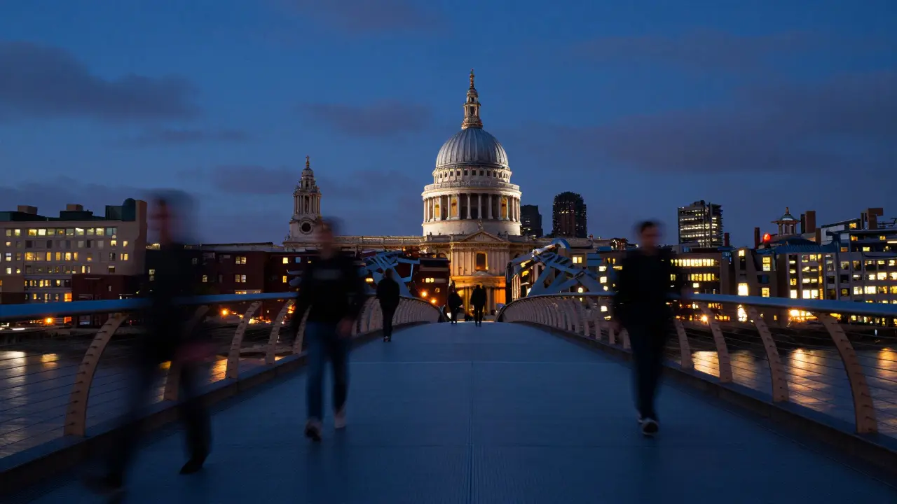 Blue hour long exposure of the Millennium Bridge with ghostly pedestrian trails and city lights