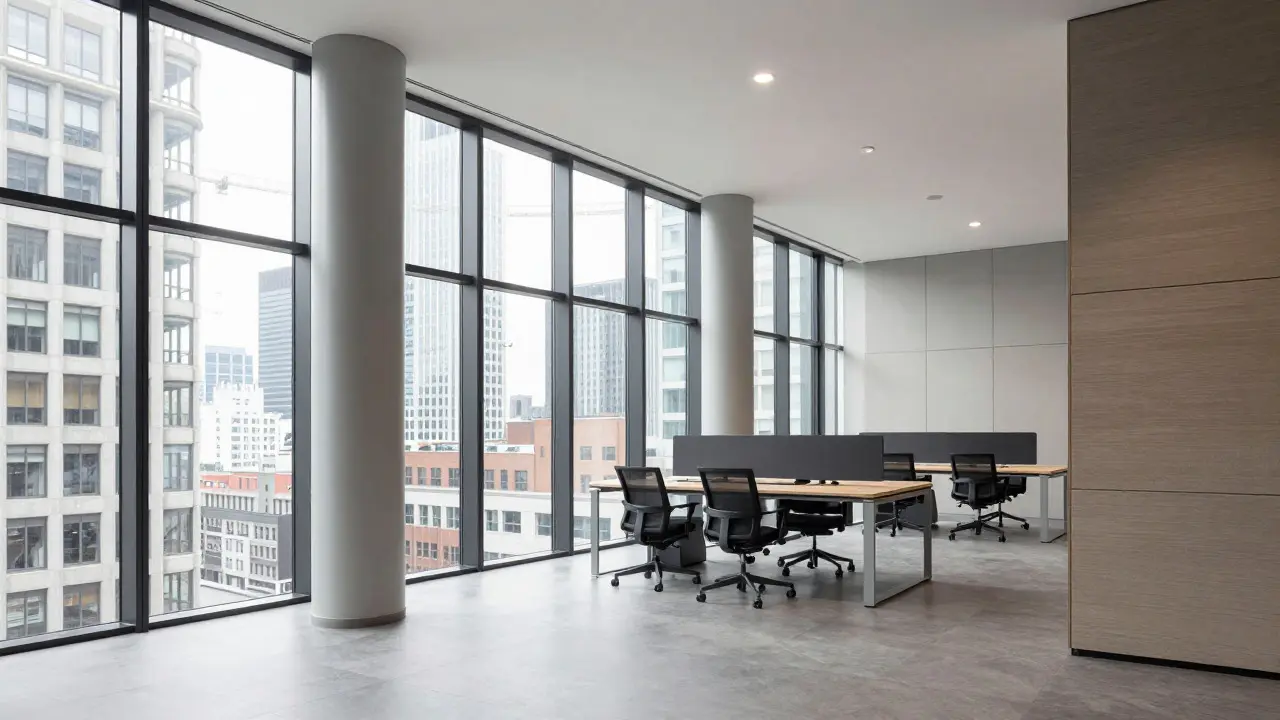 Bright open-plan office interior with large glass windows and minimal columns