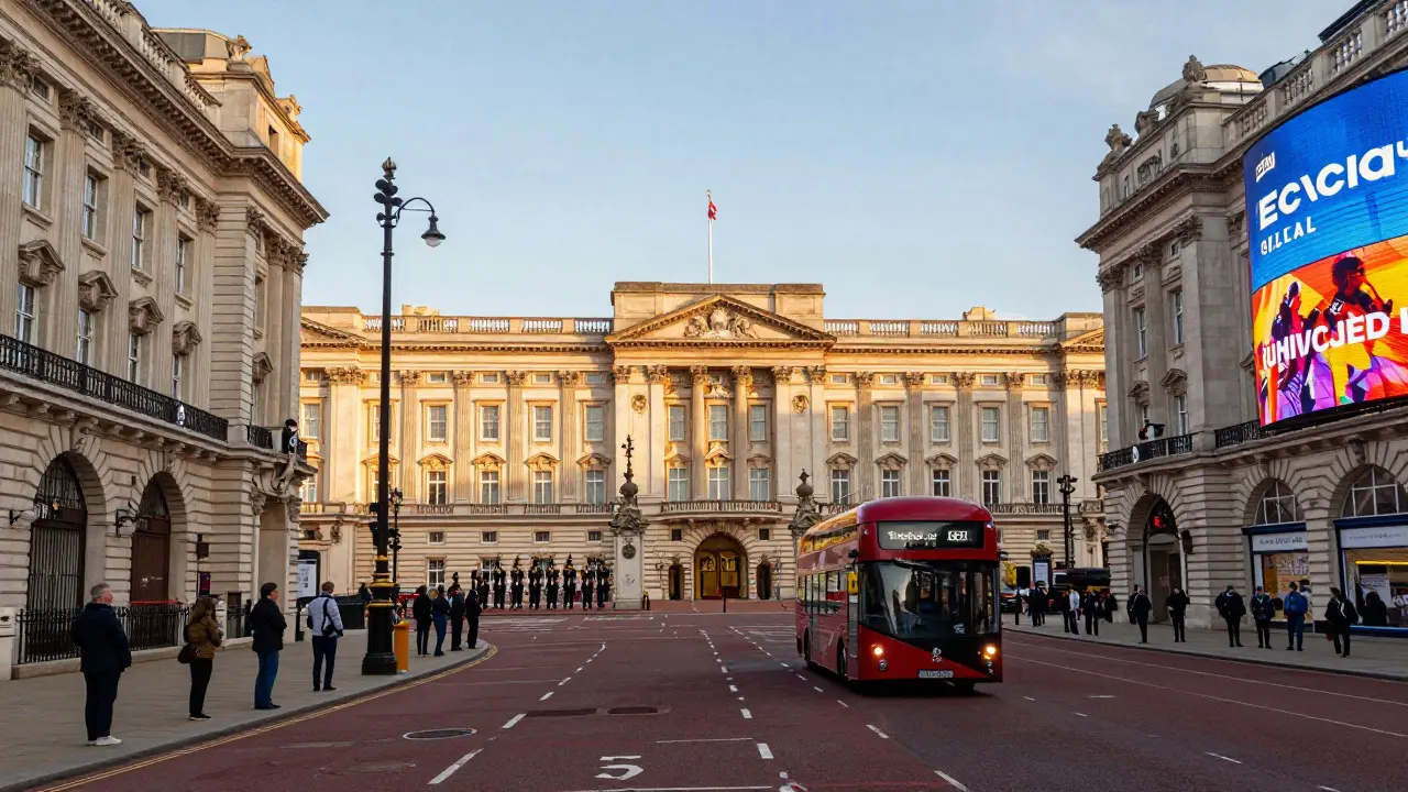Buckingham Palace facade with crowds watching the changing of the guard ceremony