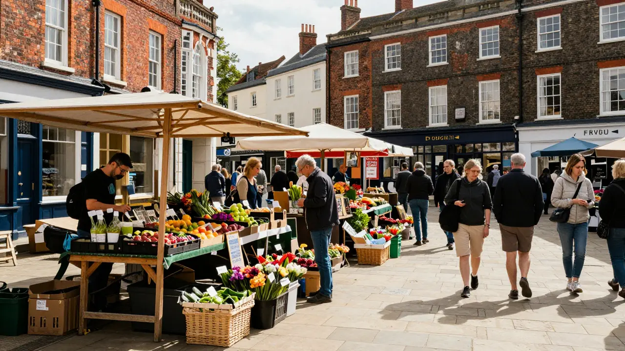 Bustling outdoor market square with fresh produce and shoppers in a British town