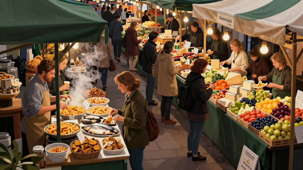 Busy street food stalls at Borough Market with fresh produce and cooking steam