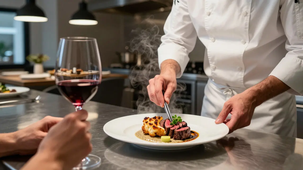 Chef plating a roasted cauliflower dish in a modern open kitchen