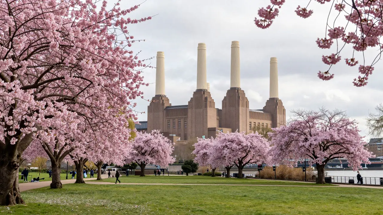 Cherry blossoms along the Thames with Battersea Power Station
