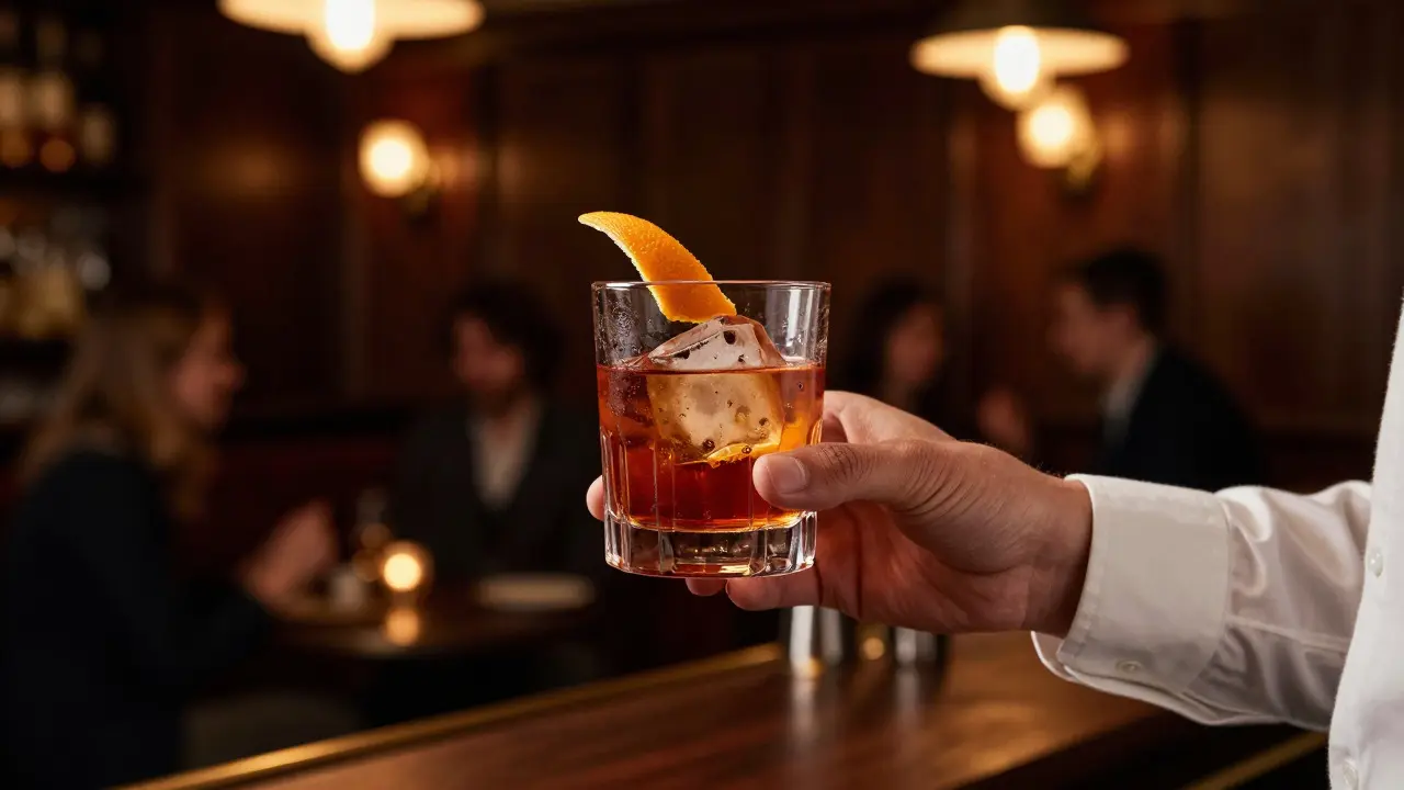 Close-up of a bartender serving a craft cocktail in a dimly lit, intimate London bar