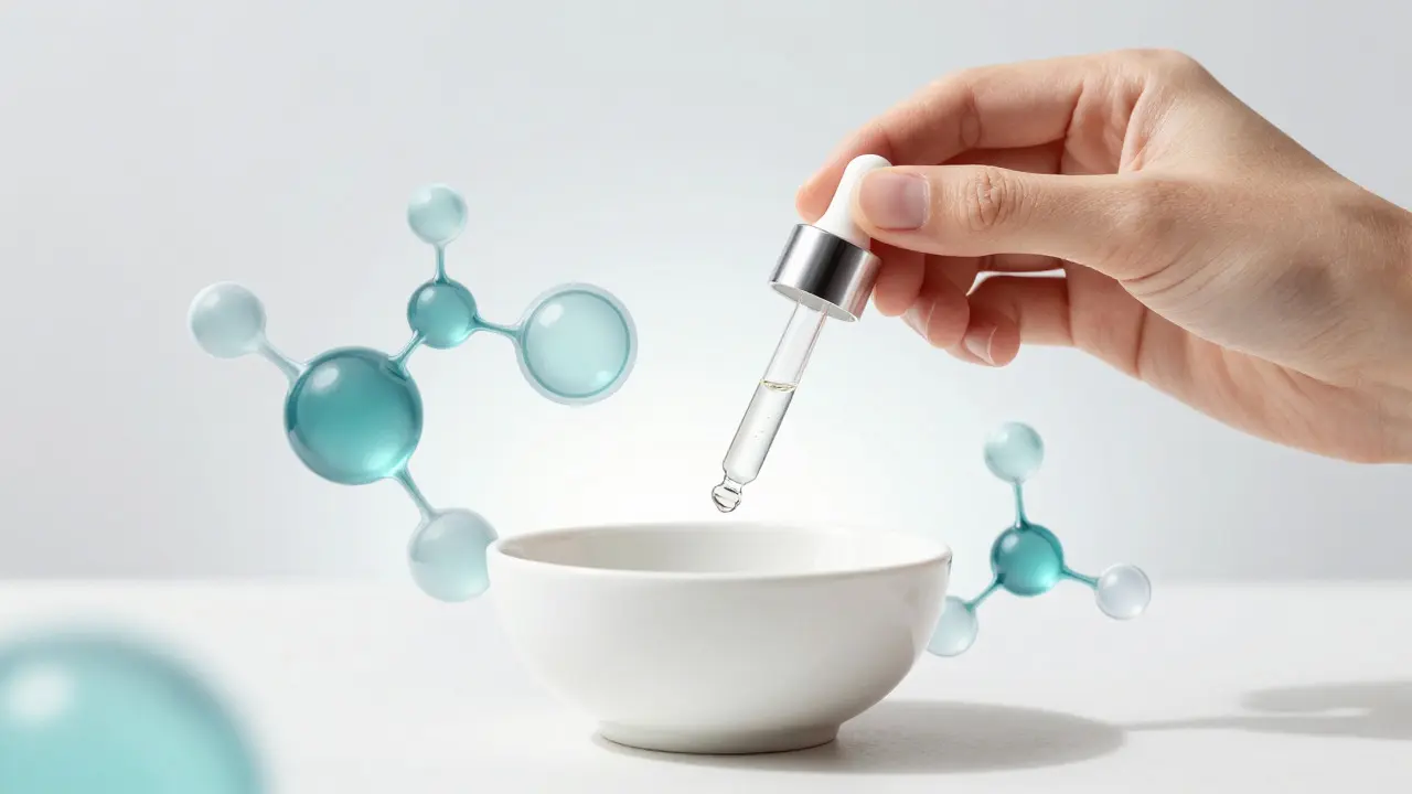 Close-up of a hand holding a serum dropper with abstract molecular graphics