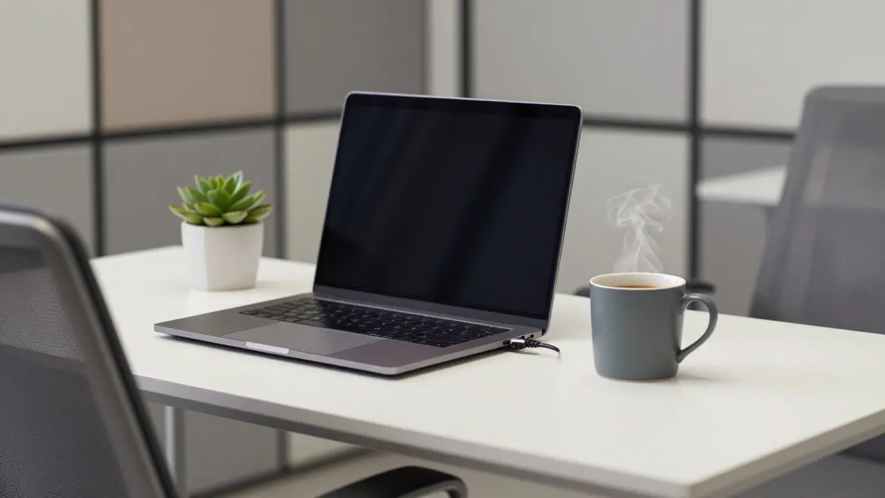 Close-up of a laptop and coffee on a desk in a quiet, modern workspace with acoustic panels