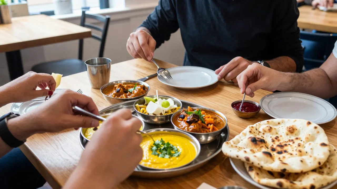 Close-up of a shared Indian thali with curries and naan in a casual South London spot