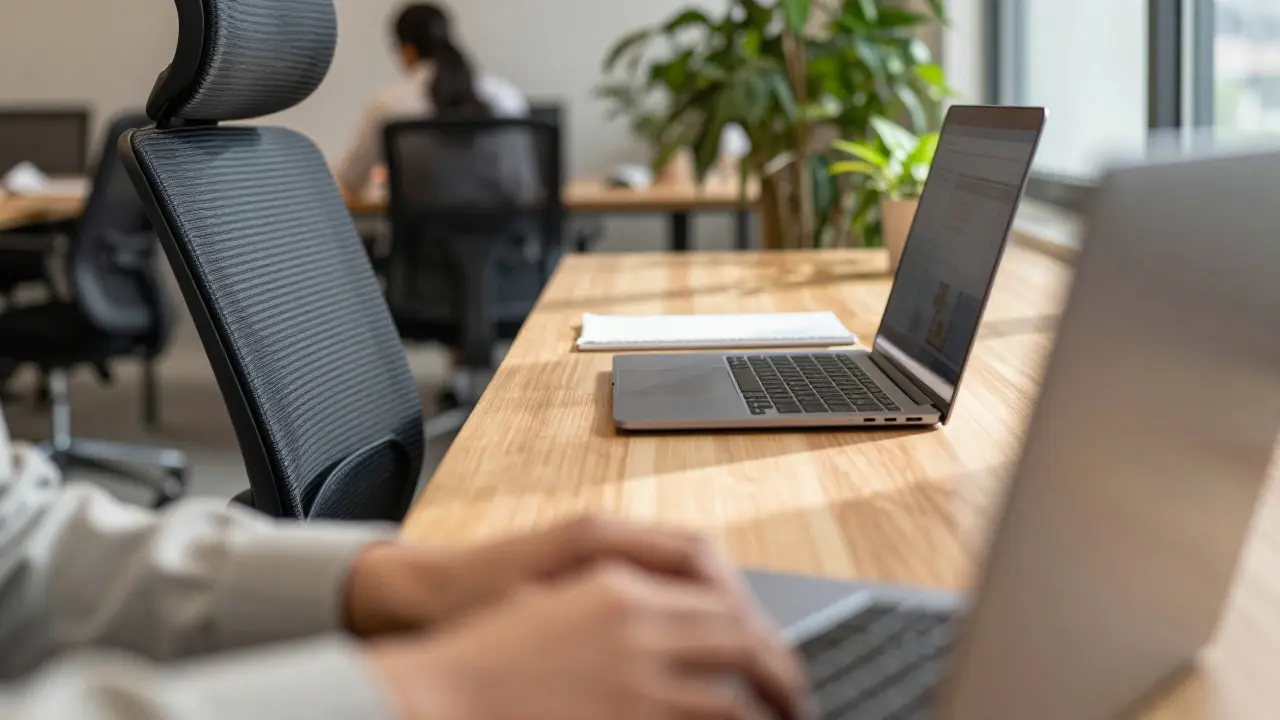 Close-up of a tidy workstation with a laptop and ergonomic chair in a sunlit coworking environment