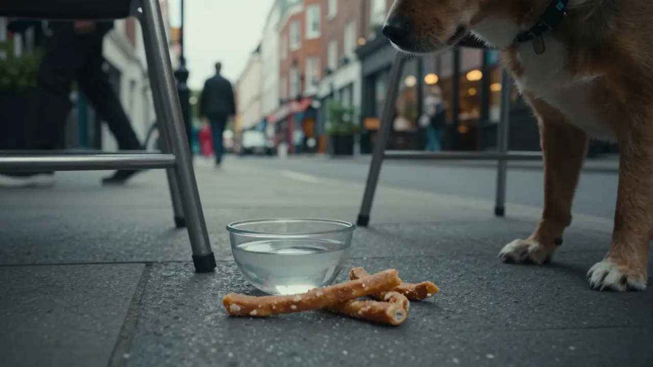 Close-up of dog treats and water bowl on a city cafe patio