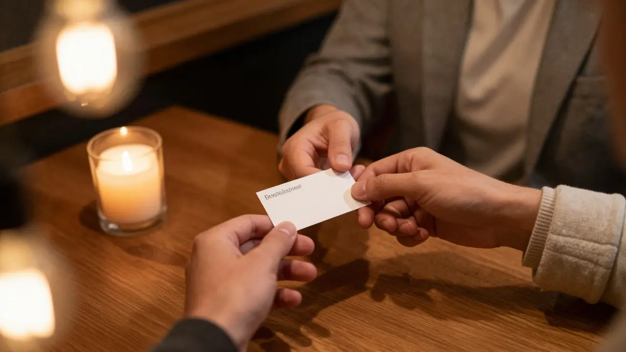 Close up of hands exchanging a business card in a dimly lit pub