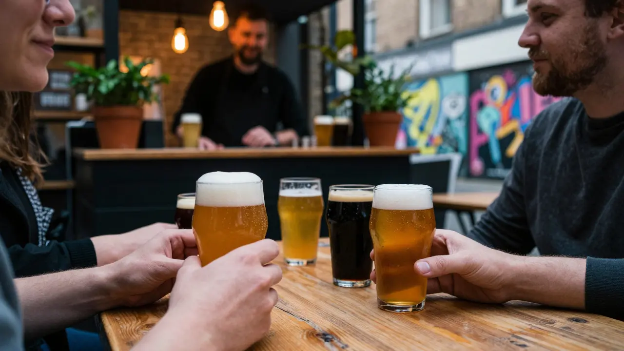 Close-up of hands holding various craft beers at an intimate urban event