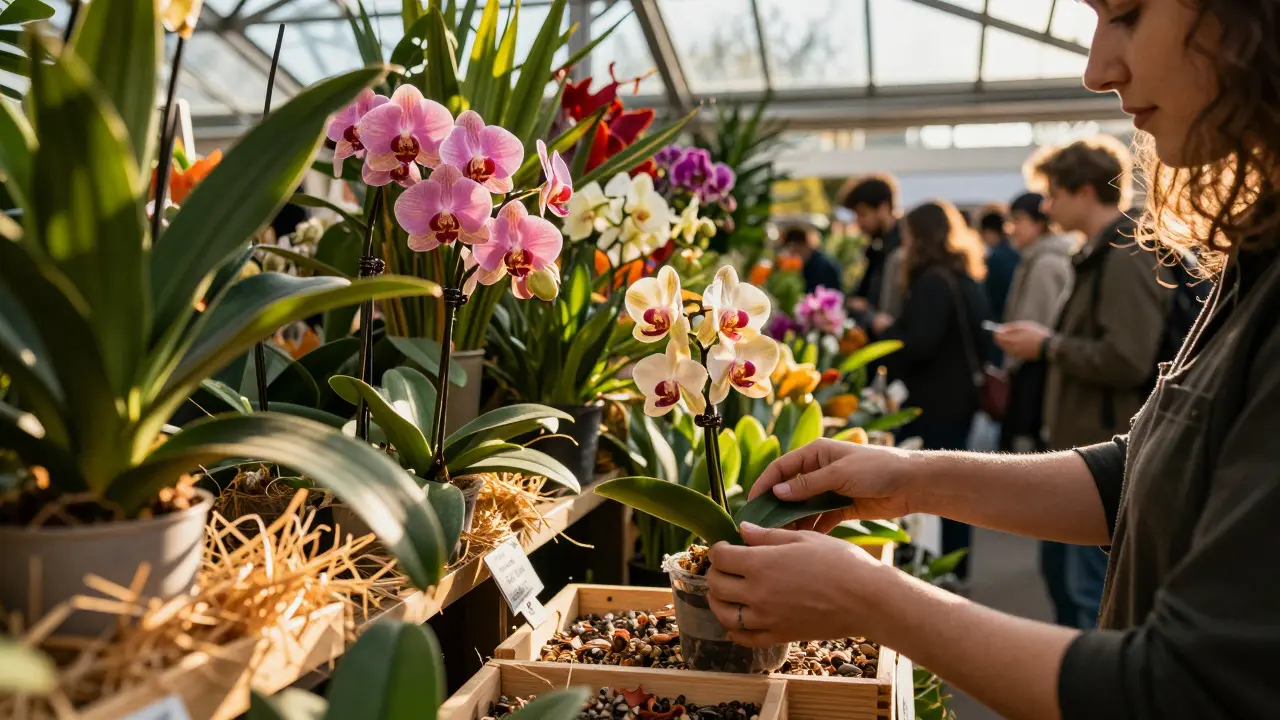 Close up of hands selecting rare orchids and seeds at a crowded flower stall under warm sunlight