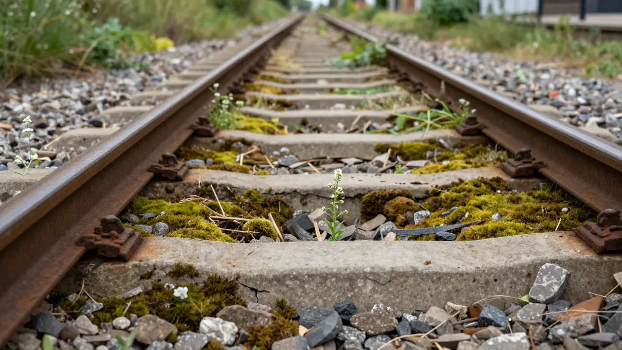 Close-up of moss and weeds growing on rusted railway sleepers in an abandoned track