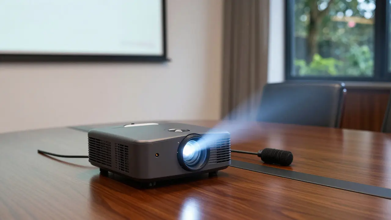 Close up of projector and microphone in a luxury boardroom