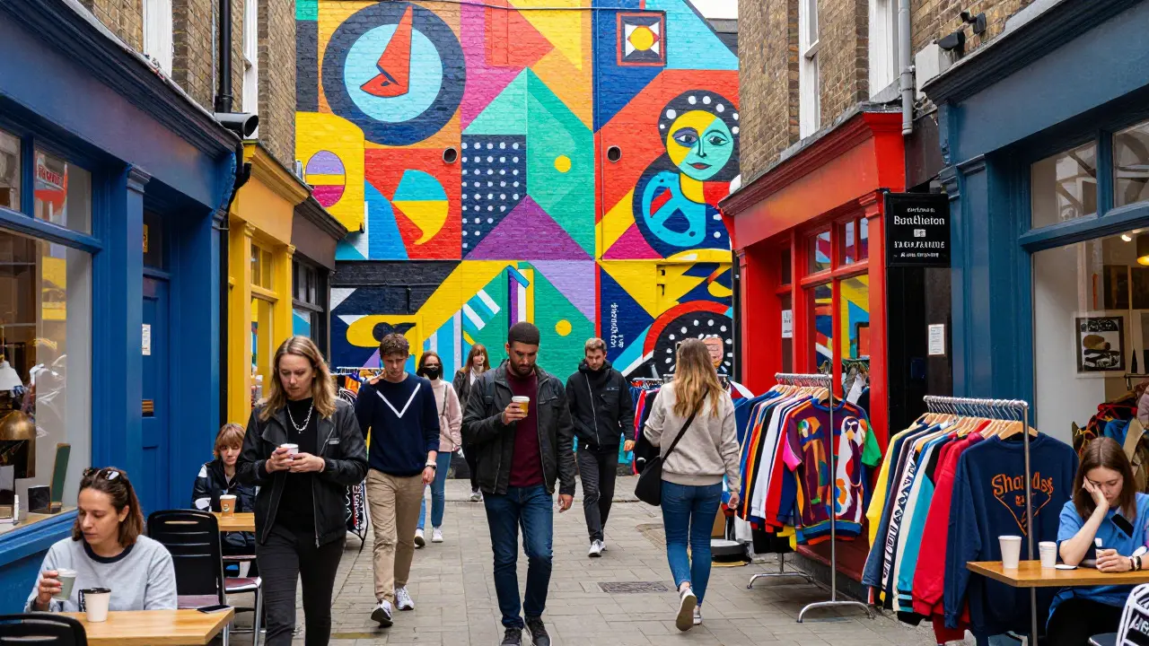 Colorful street art and shoppers in Shoreditch alleyway