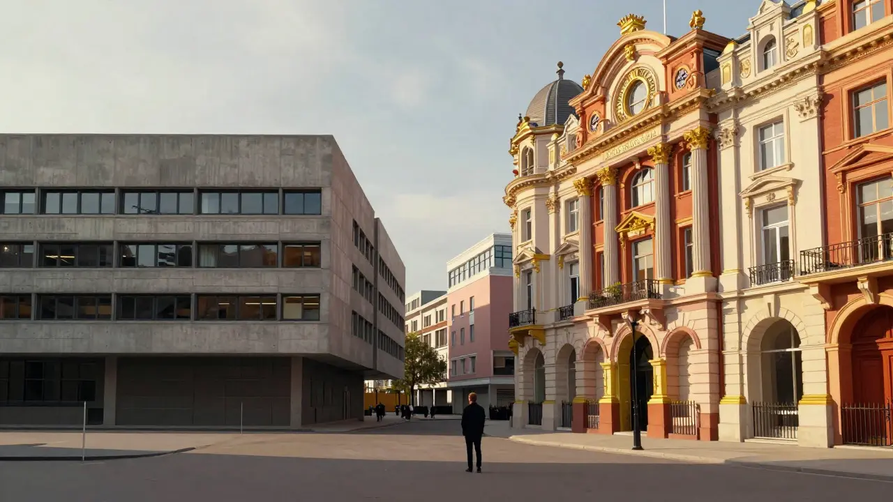 Conceptual art comparing stark grey brutalist concrete with vibrant postmodern facades