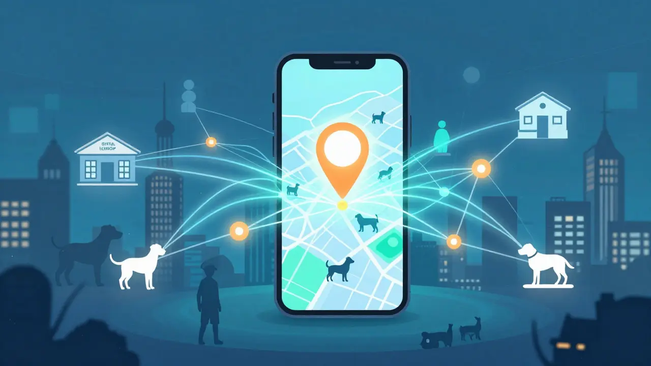 Conceptual art showing digital connections for finding lost pets