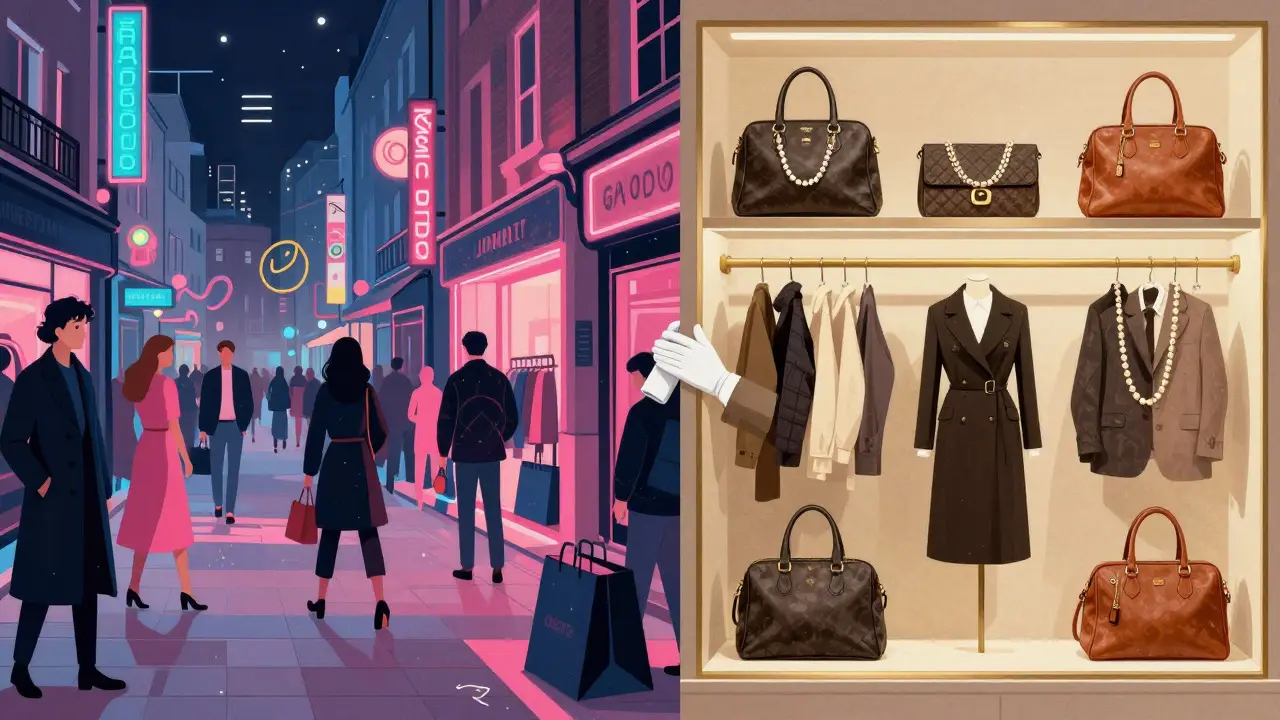 Conceptual split image contrasting modern streetwear trends with classic luxury goods