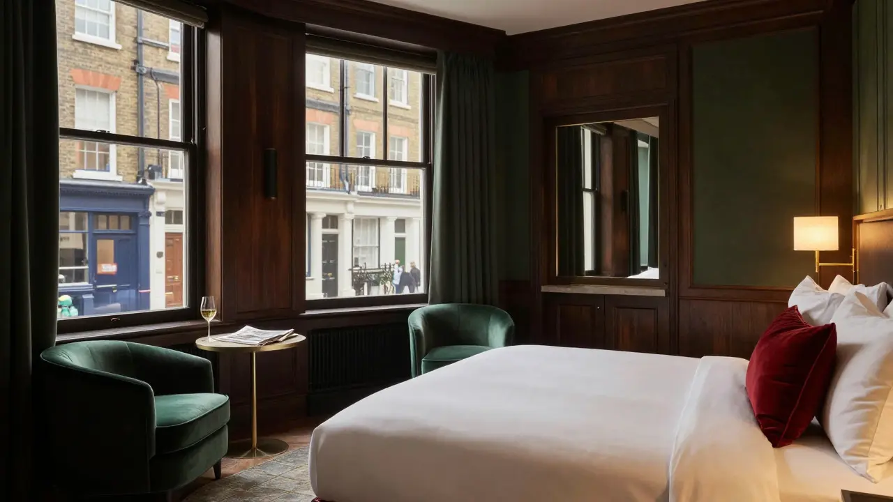 Cozy boutique hotel room interior with a view of London streets