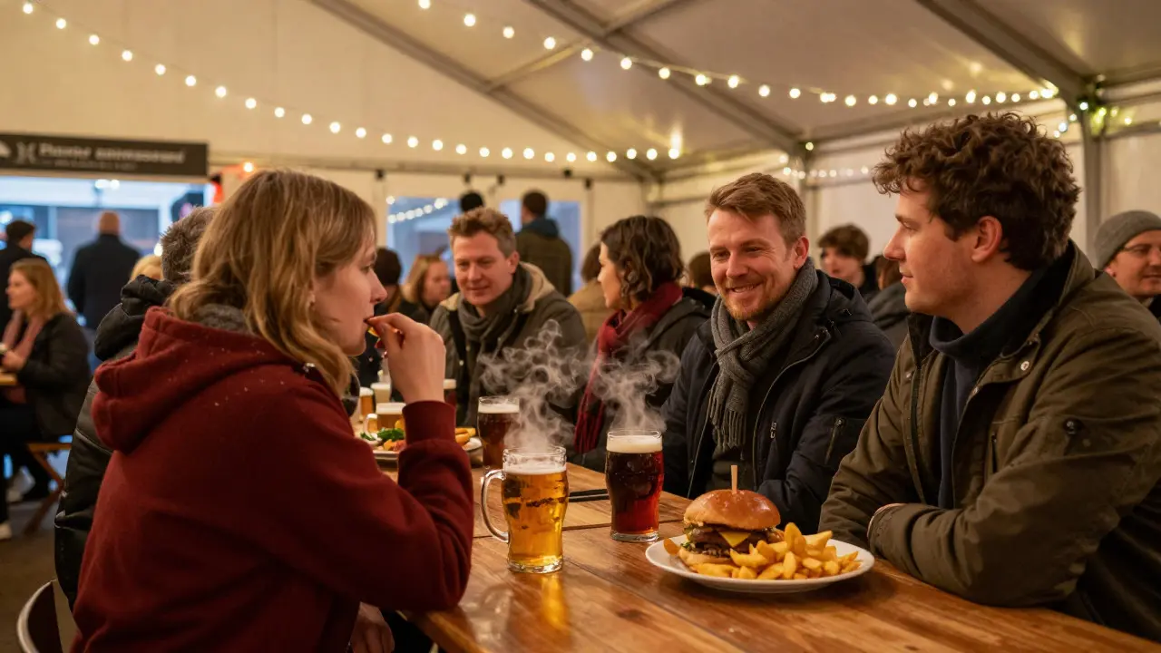 Cozy indoor winter beer festival with string lights and people dining