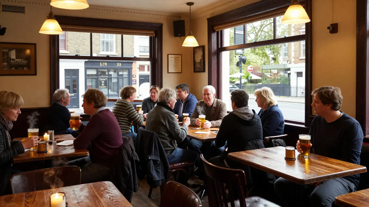 Cozy interior of a traditional London pub with patrons enjoying drinks