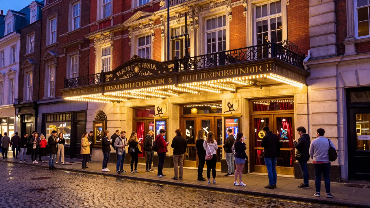 Crowd outside a historic West End theatre at dusk with glowing lights