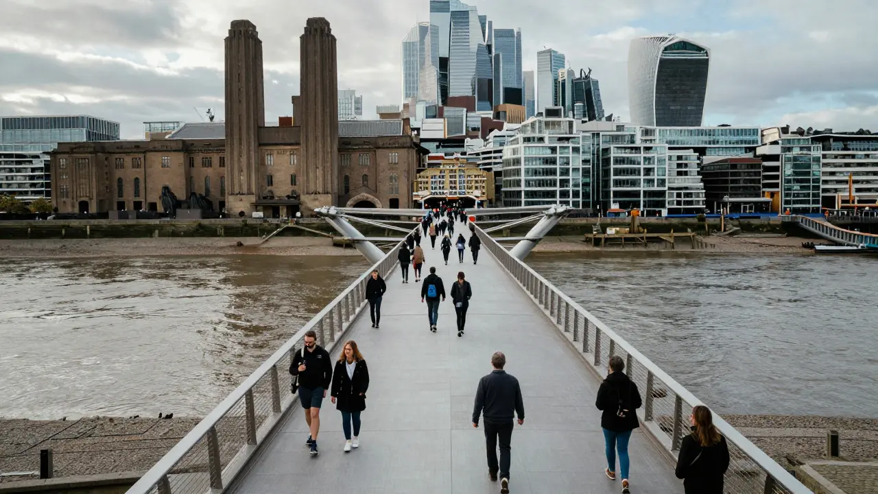 Crowded Millennium Bridge over the Thames connecting London museums