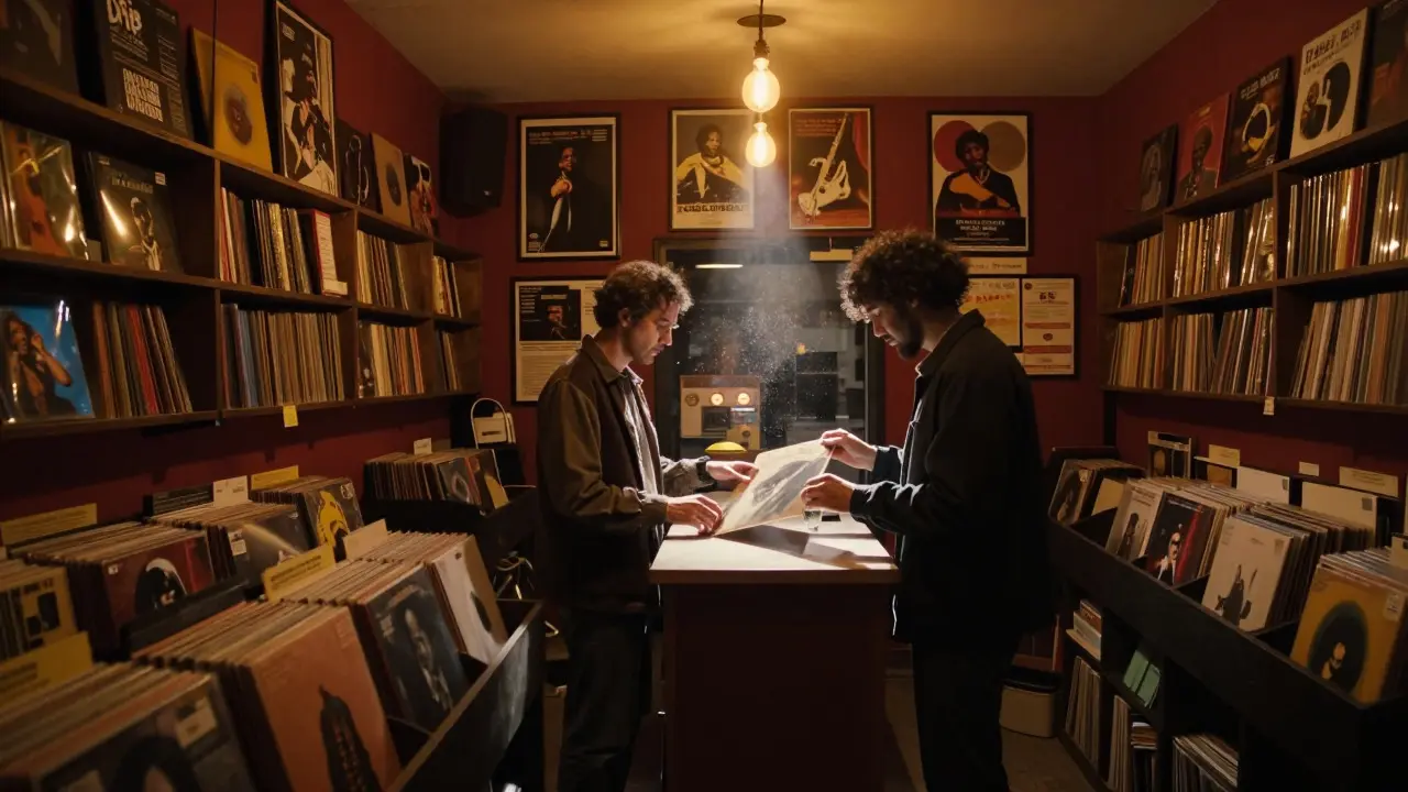 Customer inspecting a soul album with a shop owner in a dimly lit South London record store