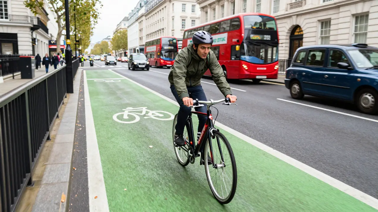 Cyclist riding a Santander Cycles bike on a protected London cycle lane