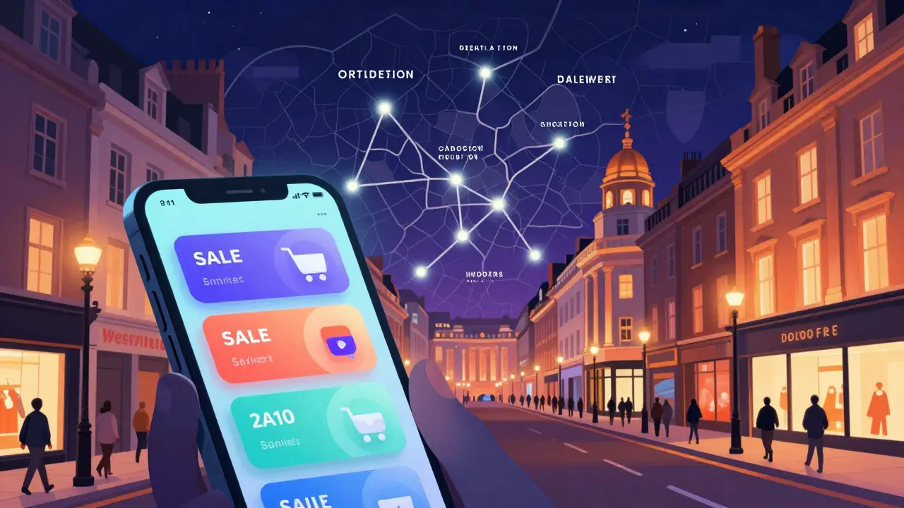 Digital art connecting mobile phone sales alerts with a London map